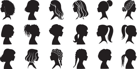 Woman Hairstyle Cartoon, Fashion Hair Silhouette, Stylish Lady Hair Icons, Female Haircut Illustration, Cartoon Girl Hair Vector, Beauty Salon Clipart, Black Hair Doodle Art, Modern Woman Haircut, Hai
