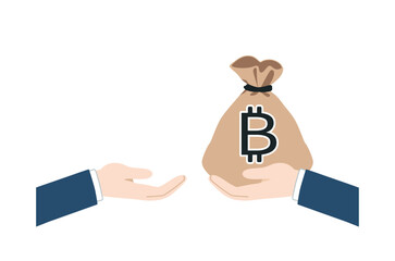 Vector illustration of business hand handing over a bitcoin money bag icon, flat design for cryptocurrency, economy and investment. ビットコインのお金袋を手渡すビジネスマンの腕のイラスト｜暗号資産・投資向けフラットベクターアイコン