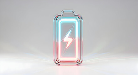Sleek battery icon with glowing neon charge indicator in red and blue hues, symbolizing power and energy.