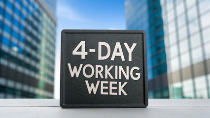 4 day workweek concept sign on office desk with modern building background cheerful message