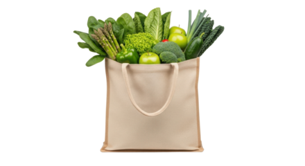 Grocery bag filled with fresh green vegetables and fruits isolated PNG with Transparent Background