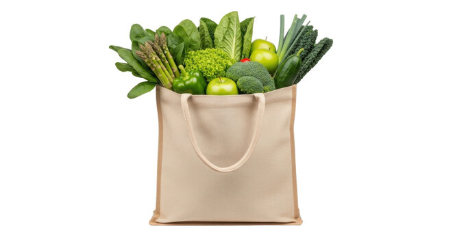 Grocery bag filled with fresh green vegetables and fruits isolated PNG with Transparent Background