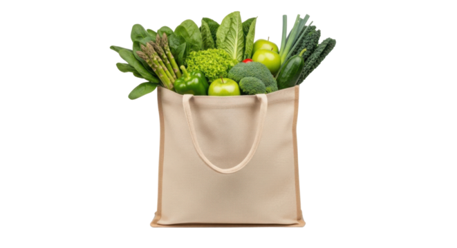 Grocery bag filled with fresh green vegetables and fruits isolated PNG with Transparent Background