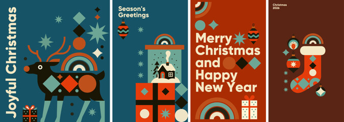 Fototapeta na wymiar A festive collection of Christmas-themed illustrations featuring a reindeer, ornaments, gifts, and holiday greetings. The vibrant colors and geometric patterns create a joyful and modern holiday vibe.
