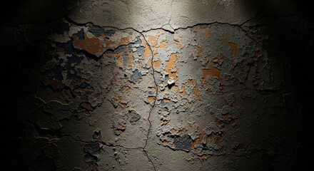 Cracked Concrete Wall Texture with Peeling Paint and Dramatic Spotlight Illumination