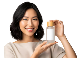 Asian Woman Presents Glass Skincare Bottle with Blank Label for Branding Beauty Product Packaging and Mockup Beauty Care