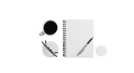 Flat lay of coffee cup, notebook and pen isolated PNG with Transparent Background