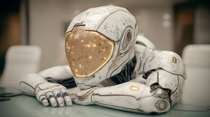 Futuristic Robot Resting on Table with Golden Visor.