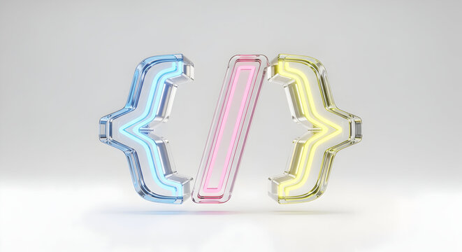 Neon code brackets glow, symbolizing programming, technology, and digital creation.