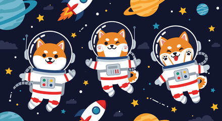 Cute Shiba Inu dogs in astronaut suits exploring space with planets and rockets Fun adventure concept