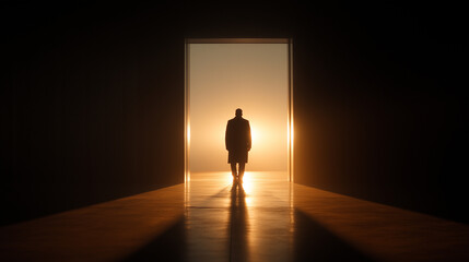 Dramatic silhouette of a mysterious person standing in a bright, glowing doorway, symbolizing opportunity, new beginnings, end of journey, escape, or spiritual revelation in a dark room
