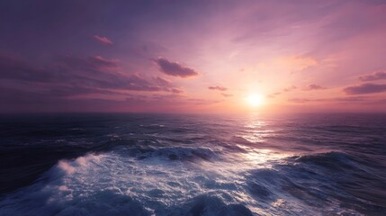 Obraz premium A stunning dramatic sunset paints the sky in vibrant hues of purple and orange over a vast majestic ocean with powerful waves crashing