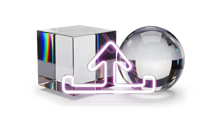 Abstract glowing arrow symbol between clear cube and sphere, representing data transfer or upload