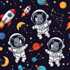 Playful cartoon rhinos in astronaut suits explore a whimsical space with planets and rockets