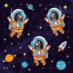 Three cartoon moles in astronaut suits float in space with planets stars and a rocket Childhood adventure