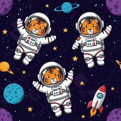 Adorable cartoon tiger astronauts in space with planets stars and a rocket Kids adventure design