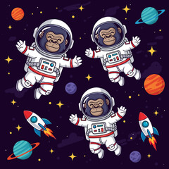 Three happy astronaut monkeys float among stars planets and rockets in a cosmic adventure