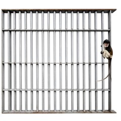 A small monkey sits on a metal cage