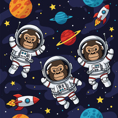 Three playful cartoon astronaut monkeys float in vibrant outer space with planets stars and rockets