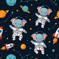 Playful elephant astronauts float in a starry space with planets and rockets Kids adventure