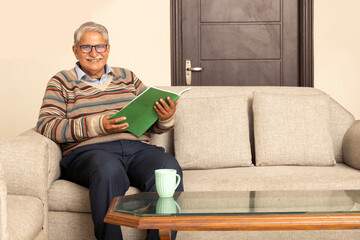 Fototapeta premium Portrait of happy old age, leisure senior man with grey hair in eyeglasses reading book at home, positive male pensioner enjoying life on retirement