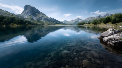 A majestic mountain range reflected in a crystal clear lake under a bright blue sky