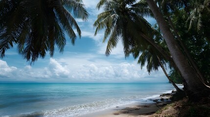 A tranquil tropical beach scene with palm trees framing a view of the turquoise ocean under a blue cloudy sky