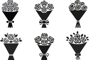 A collection of stylized black and white flower bouquets, showcasing different arrangements and ribbon decorations.