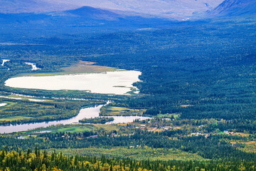 Aerial view at a forest landscape in the north of Sweden at autumn