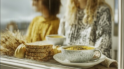 Cozy Breakfast Scene with Soup, Bread, and Warm Ambiance.