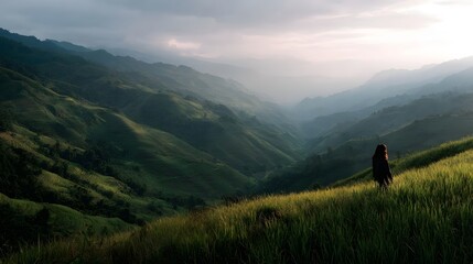 A person stands on a grassy hill overlooking a serene valley with lush green mountains bathed in warm sunlight