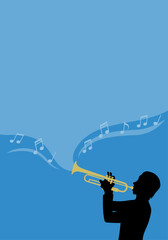 Vector illustration of a vertical frame with the silhouette of a trumpet player and musical notes, suitable for a concert flyer or program