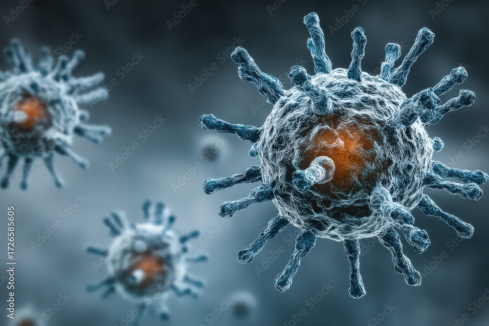Poster Detailed representation of microscopic virus particles showcasing complex structures and interactions in an abstract scientific setting emphasizing health risks and biotechnology advancements