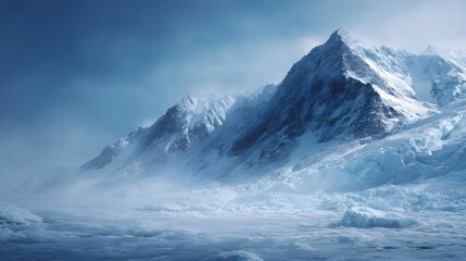 A breathtaking panorama of majestic snow capped mountains and vast glaciers under a cold atmospheric sky