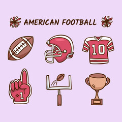 	
American football equipment hand drawn illustration. Set of rugby kit collection vector icon doodle. Containing ball, helmet, t-shirt, goal post, trophy, fans glove.