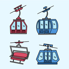 Funicular train and chairlift hand drawn illustration collection. Set of outline vector funicular car. © Dean
