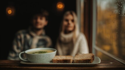 Cozy Cafe Scene - Soup, Toast, and Blurred Figures by the Window.