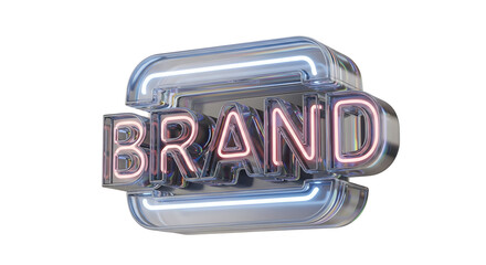Modern neon sign spelling out "BRAND" in bold metallic letters, illuminated with vibrant pink and blue lights against a white background.