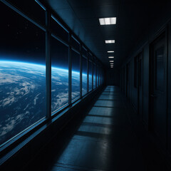 Space station corridor window view of earth horizon and blue atmosphere futuristic sci fi hallway interior space exploration concept 3d render illustration deep space backdrop