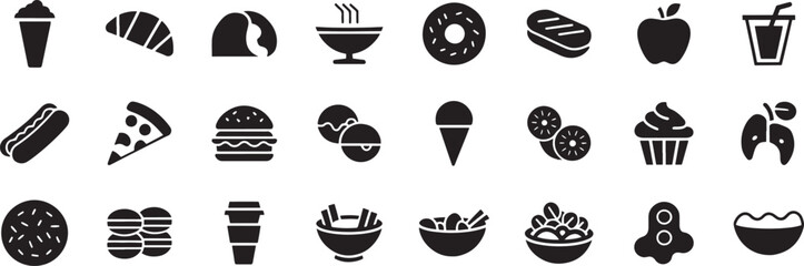 Cartoon Food Icons, Snack Symbol Vector, Dessert Clipart Cartoon, Ice Cream Icon Set, Donut Cartoon Vector, Fast Food Illustration, Cake Icon Cartoon, Candy Cartoon Vector, Food Silhouette Icons, Cart