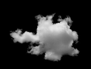 White fluffy cloud isolated on black background, ideal for weather forecast graphics, sky overlays, creative design projects, digital art, and abstract nature concepts with high-quality cutout effect.