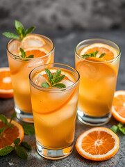 Fototapeta premium glasses of orange iced tea garnished with mint and orange slices.
