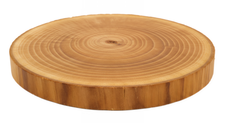 Cross-cut teak wood slice, visible rings, golden brown hue, transparent background