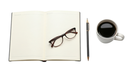 Open notebook with glasses, pen and coffee isolated PNG with Transparent Background