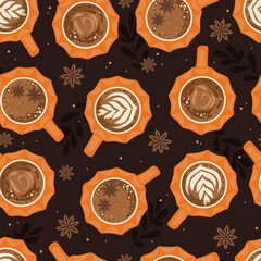 Seamless pattern with pumpkin coffee. Autumn coffee background. Decorative ornamental holiday coffee cups texture
