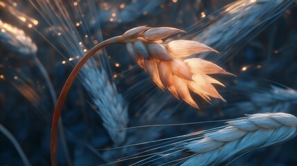 Golden wheat ear in a field at dusk, illuminated by soft light.