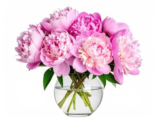 A bouquet of pink peonies in a clear vase