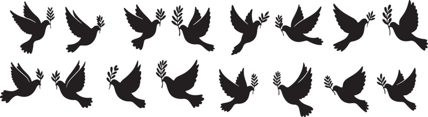 Obraz premium Dove Silhouette Vector, Peace Bird Icons, Flying Dove Cartoon, Cartoon Bird Symbol, Love Bird Silhouette, Pigeon Icons Vector, Wedding Dove Cartoon, Flying Bird Illustration, Dove Black Silhouette, Ca