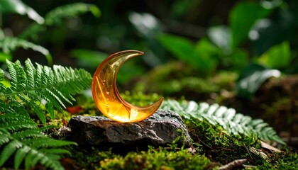 Golden Crescent Moon on Stone with Lush Green Foliage