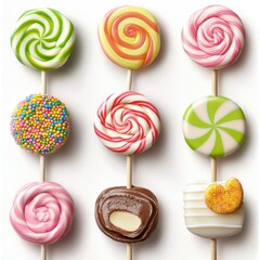 Colorful Assorted Lollipops on Sticks with Various Patterns and Flavors for Sweet Treat Celebration